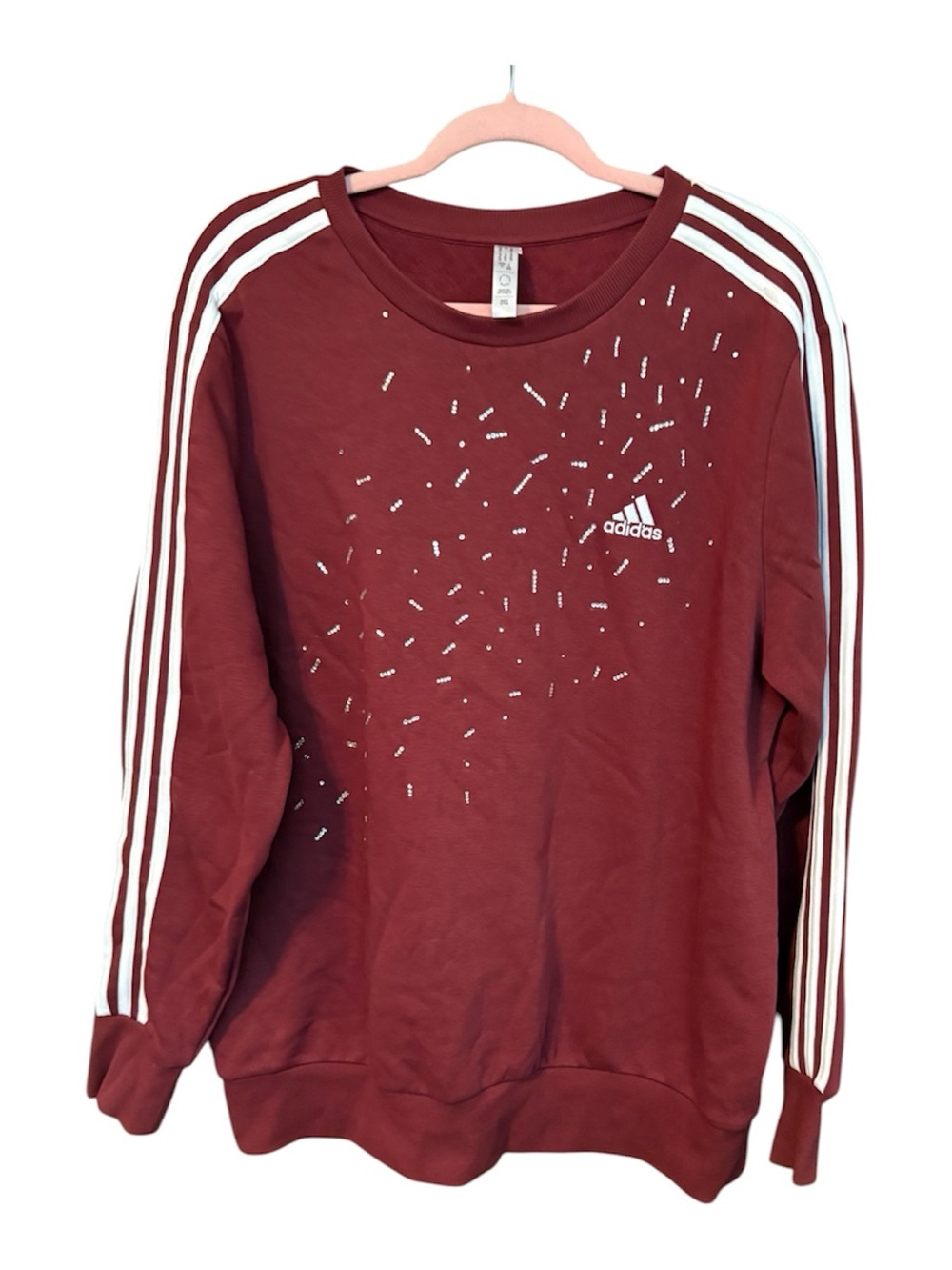 adidas women’s blinged out  Maroon Crewneck Sweatshirt with White Sleeve Stripes
